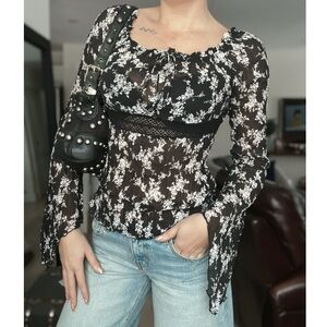 Vintage 1990s GUESS | Black Floral Mesh Off-Shoulder Babydoll Top